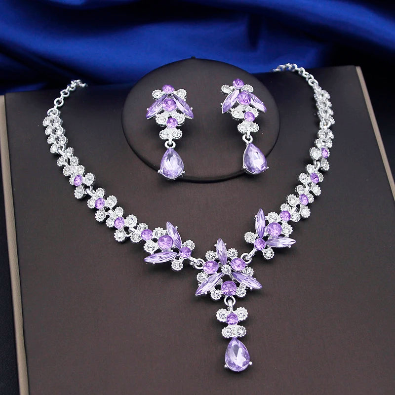 Purple Crystal Bridal Jewelry Sets Women Tiaras Bride Necklace Earrings for Wedding Crown Jewelry Set Prom