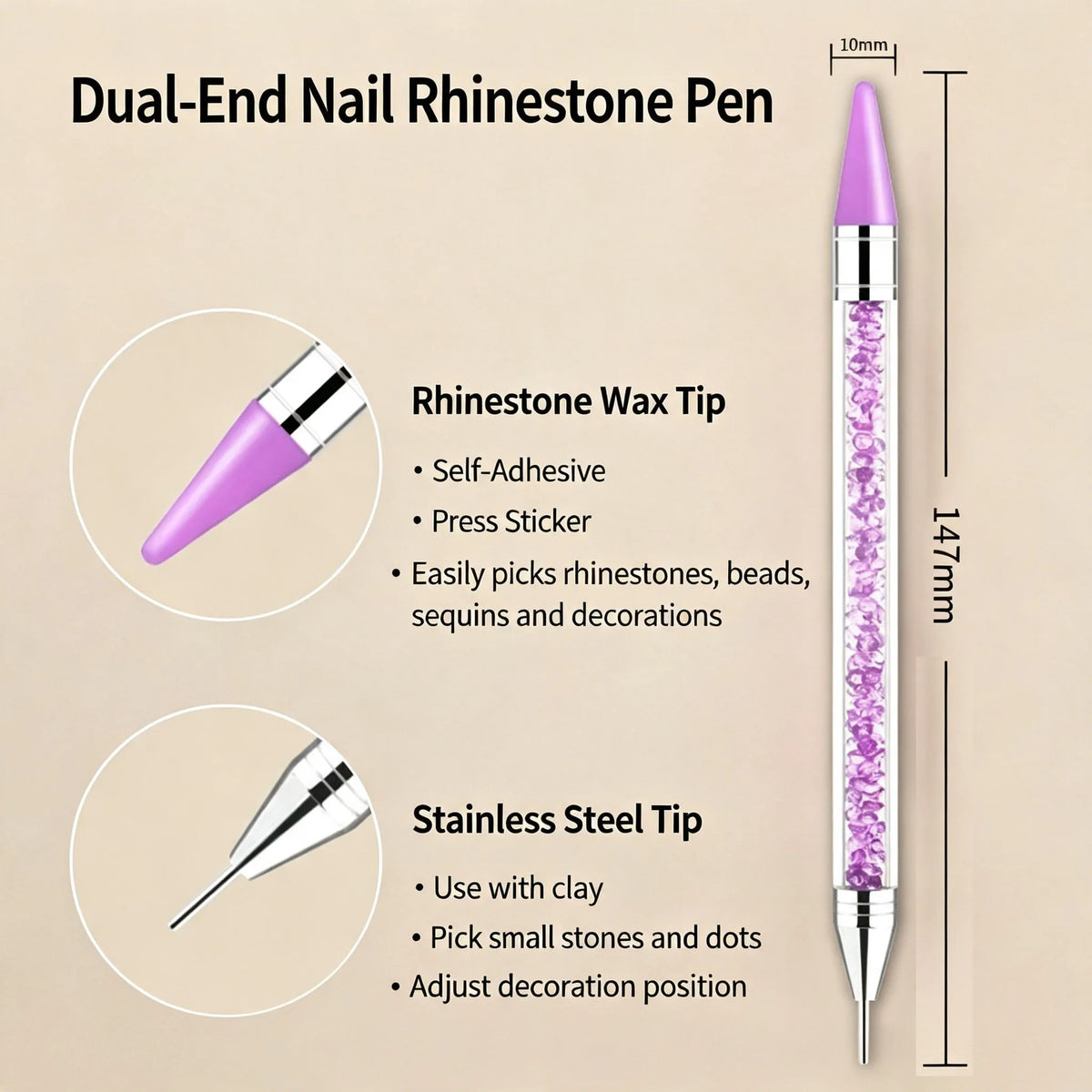 Nail Art Tools Dual‑Ended Acrylic Handle Wax Pen Rhinestone Crystal Studs Picker Dotting Manicure DIY Accessories