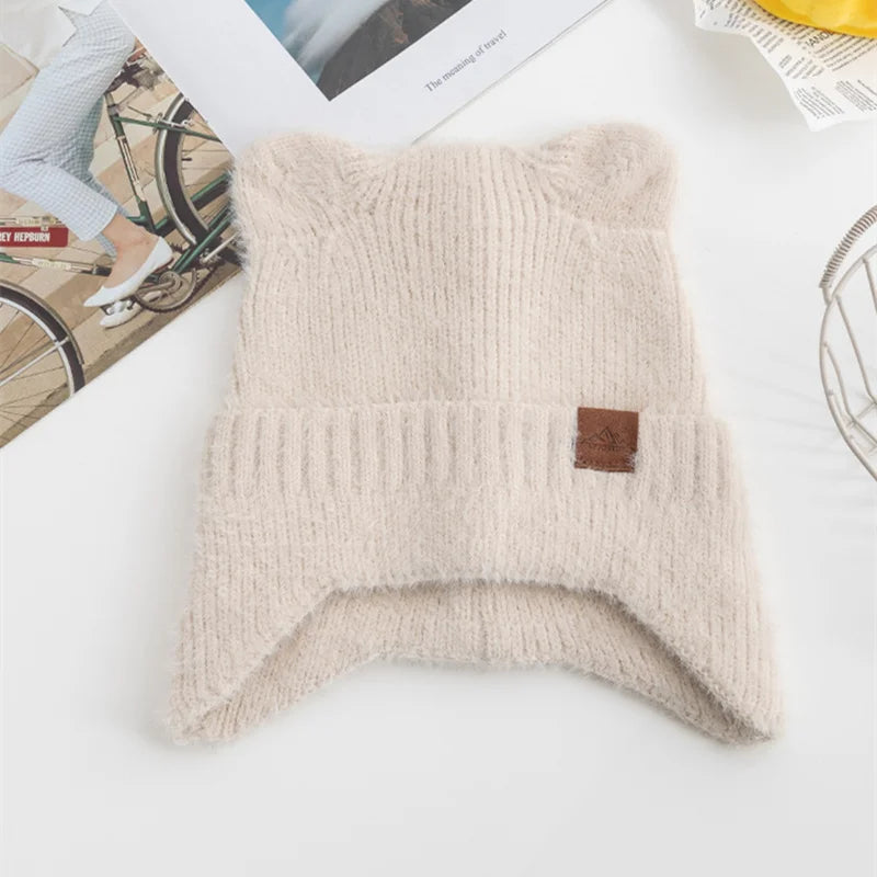 New Women Candy Colors Earflap Beanie Fashion Faux Fur Knitted Hat Lovely With Cat Ear Soft Beanie Hats Female Streetwear Hat