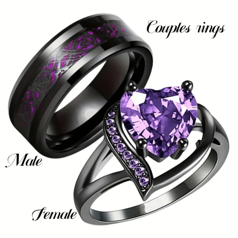 European and American new fashionable love purple zircon embellished dragon patterned stainless steel couple ring