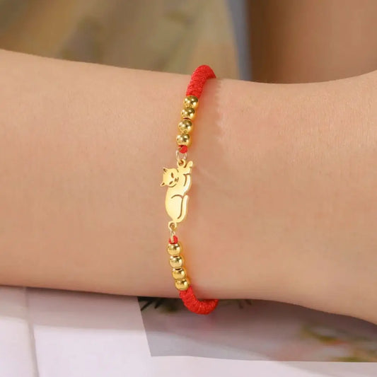 Sitting Cat Stainless Steel Charm Women Gold Color Beaded Purple Rope Chain Bracelet Cute Casual Jewelry
