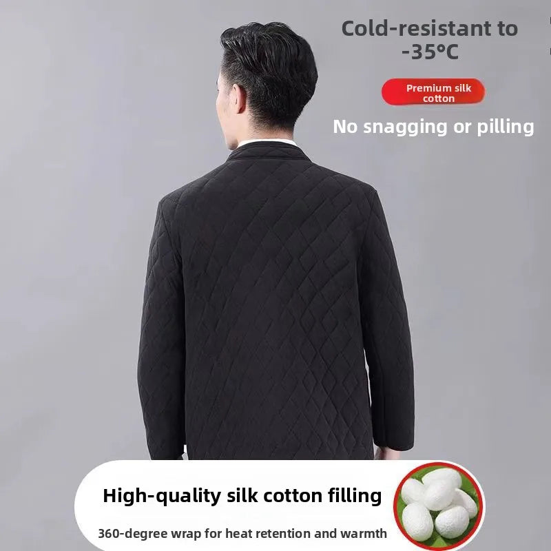 Thickened Winter Cotton Jacket Set for Men Warm Loose Style Mid-aged And Elderly Cotton Top Long Sleeve Stand Collar Coat