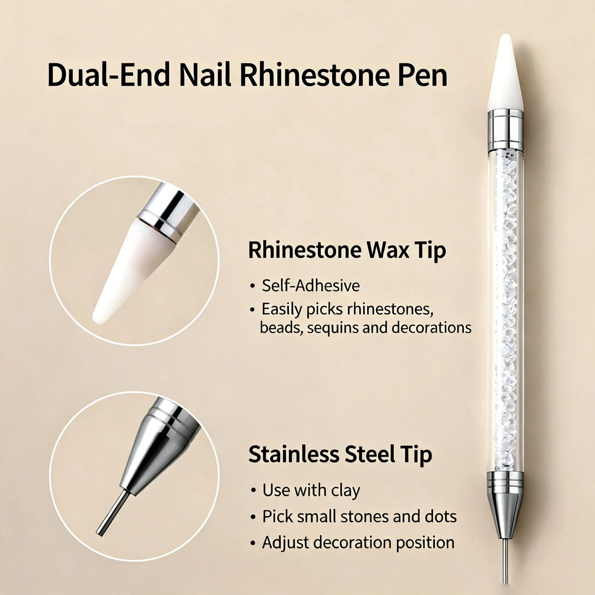 Nail Art Tools Dual‑Ended Acrylic Handle Wax Pen Rhinestone Crystal Studs Picker Dotting Manicure DIY Accessories