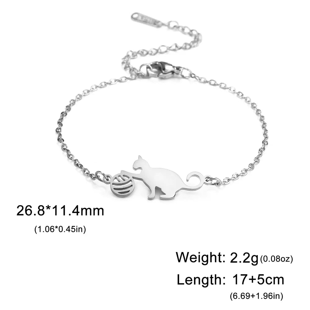 Cat Charms Bracelets for Women Stainless Steel Cute Animal Kitten with Yarn Balls Pendant Adjustable Link Chain Bangle Jewelry