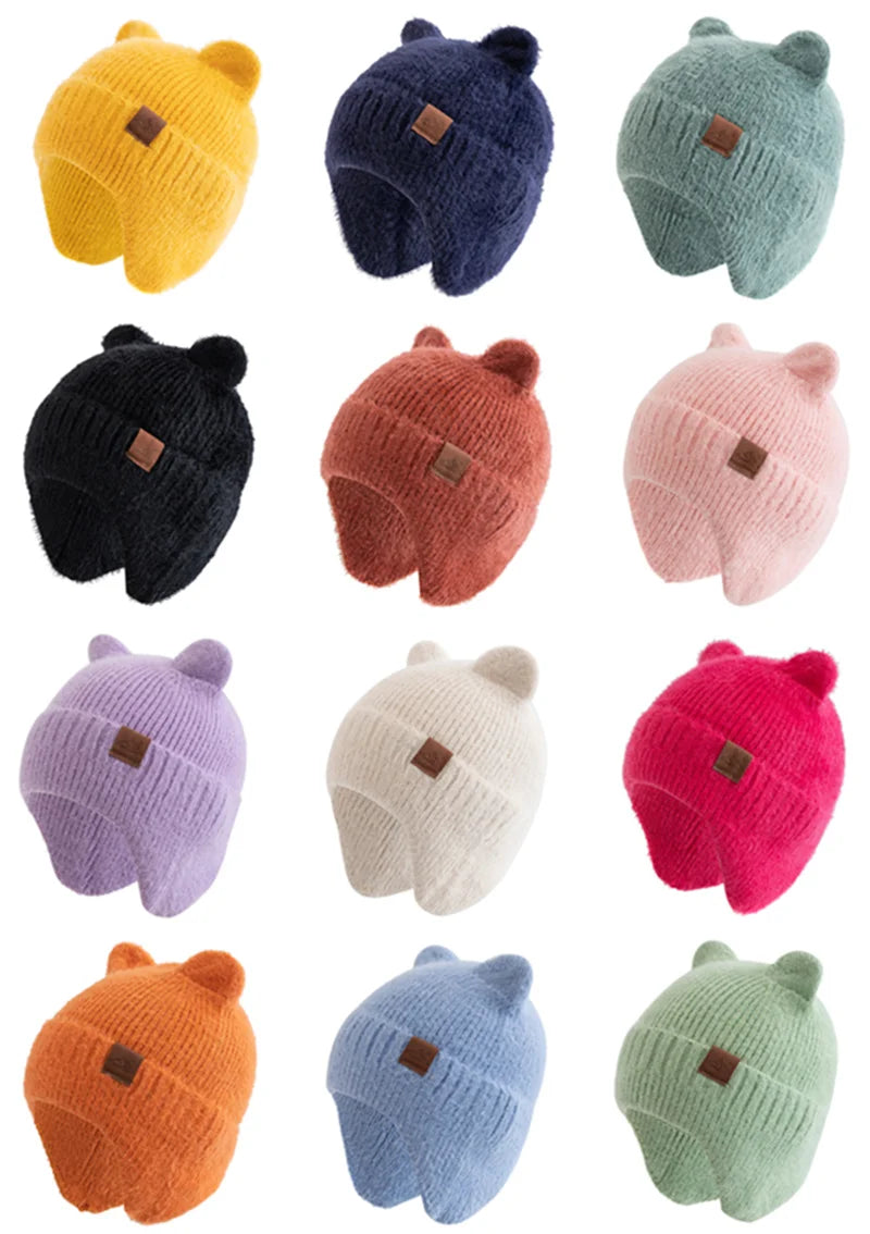 New Women Candy Colors Earflap Beanie Fashion Faux Fur Knitted Hat Lovely With Cat Ear Soft Beanie Hats Female Streetwear Hat