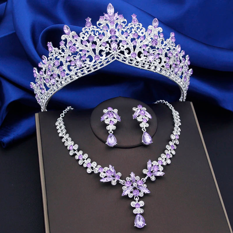 Purple Crystal Bridal Jewelry Sets Women Tiaras Bride Necklace Earrings for Wedding Crown Jewelry Set Prom
