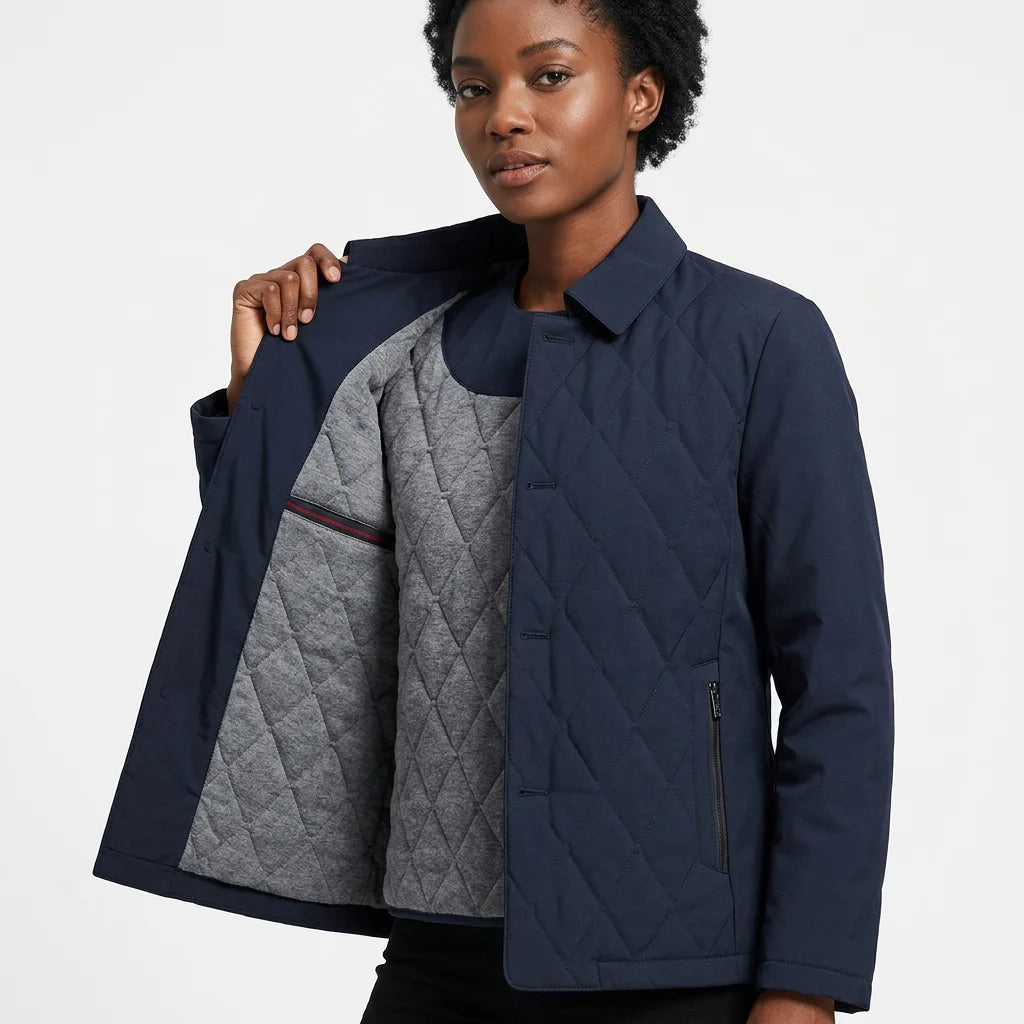 Men's Navy Quilted Hooded Jacket Front Logo Windproof Waterproof Casual Outerwear Polyester Wadding Regular Fit Winter Wear