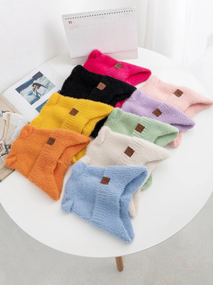 New Women Candy Colors Earflap Beanie Fashion Faux Fur Knitted Hat Lovely With Cat Ear Soft Beanie Hats Female Streetwear Hat