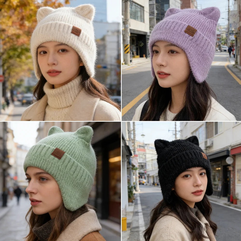 New Women Candy Colors Earflap Beanie Fashion Faux Fur Knitted Hat Lovely With Cat Ear Soft Beanie Hats Female Streetwear Hat