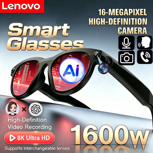 Lenovo 8K HD AI Smart Glasses Camera 1600WDual Real-time Translation Bluetooth Call Shoot Audio Video Music Play Sunglasses 2026