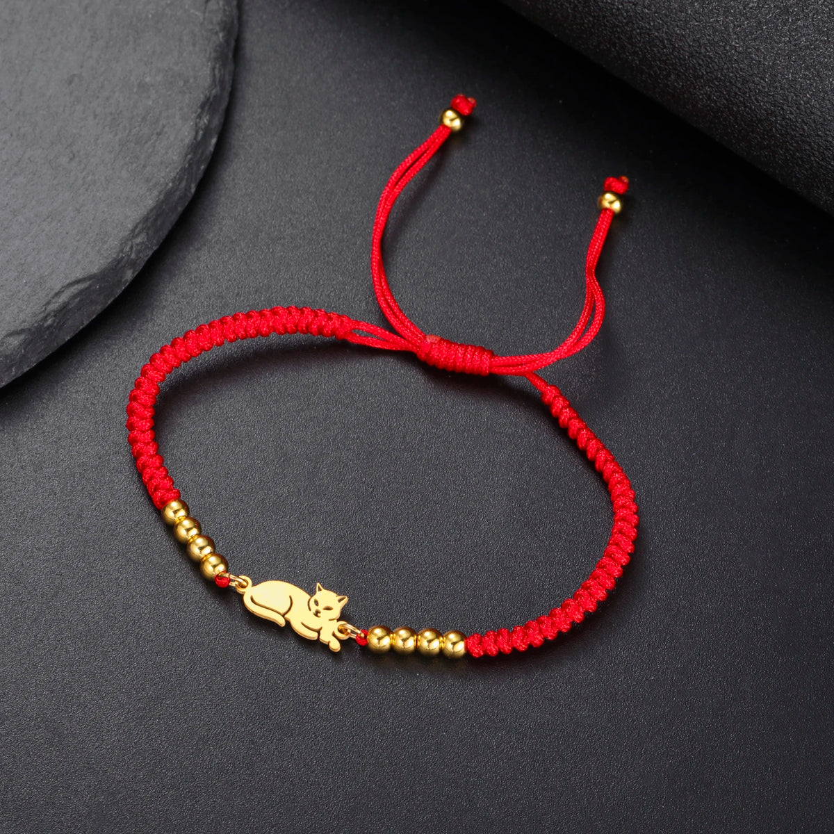 Sitting Cat Stainless Steel Charm Women Gold Color Beaded Purple Rope Chain Bracelet Cute Casual Jewelry