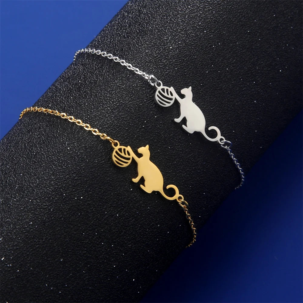 Cat Charms Bracelets for Women Stainless Steel Cute Animal Kitten with Yarn Balls Pendant Adjustable Link Chain Bangle Jewelry
