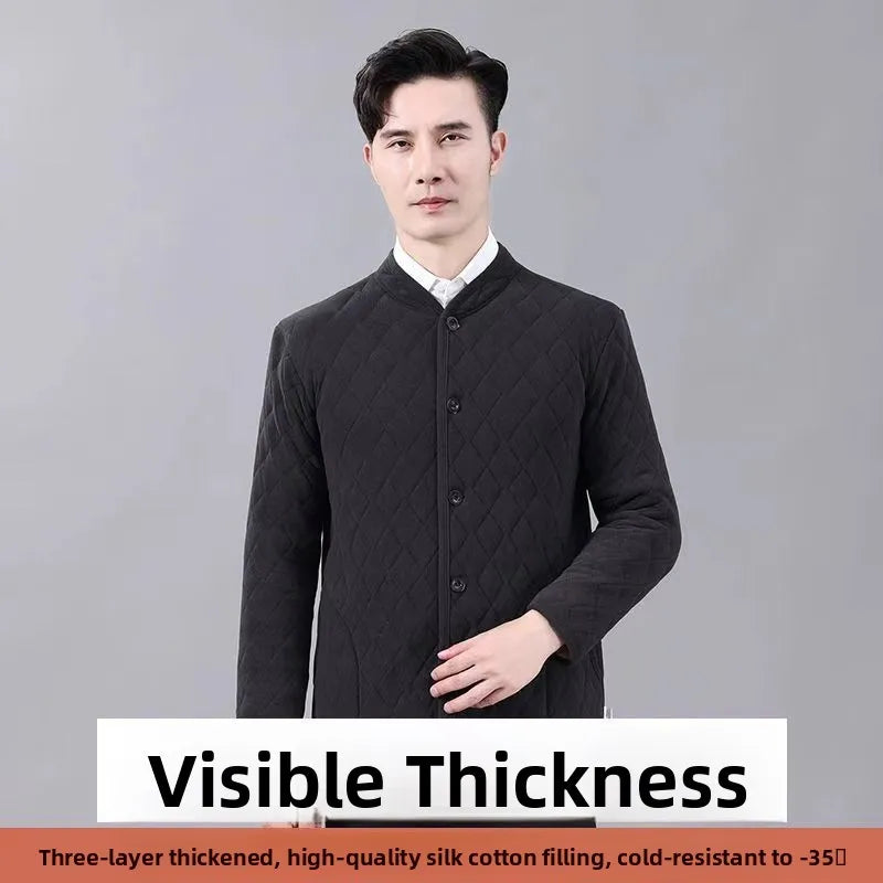 Thickened Winter Cotton Jacket Set for Men Warm Loose Style Mid-aged And Elderly Cotton Top Long Sleeve Stand Collar Coat