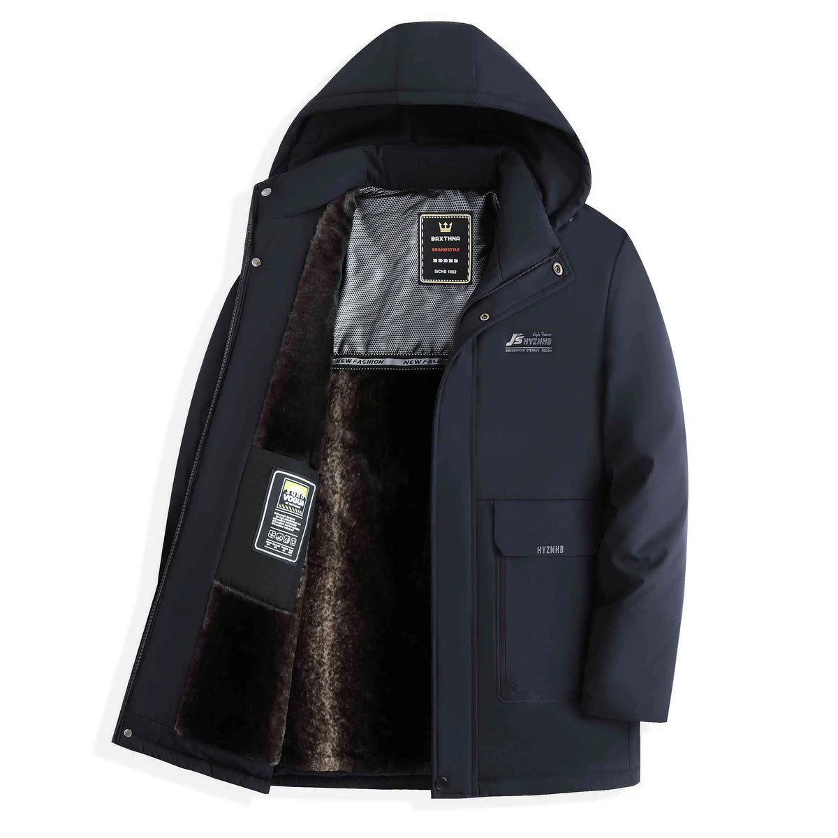 A dark navy hooded winter jacket with a plush brown faux-fur lining, shown open against a plain white background.