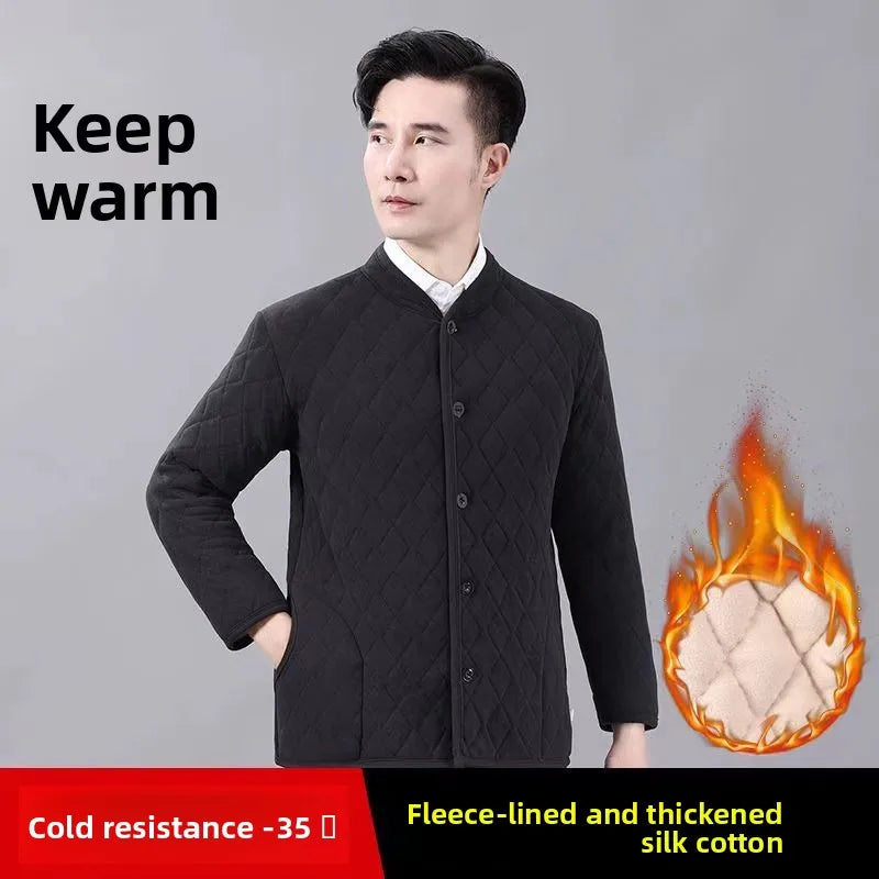 Thickened Winter Cotton Jacket Set for Men Warm Loose Style Mid-aged And Elderly Cotton Top Long Sleeve Stand Collar Coat