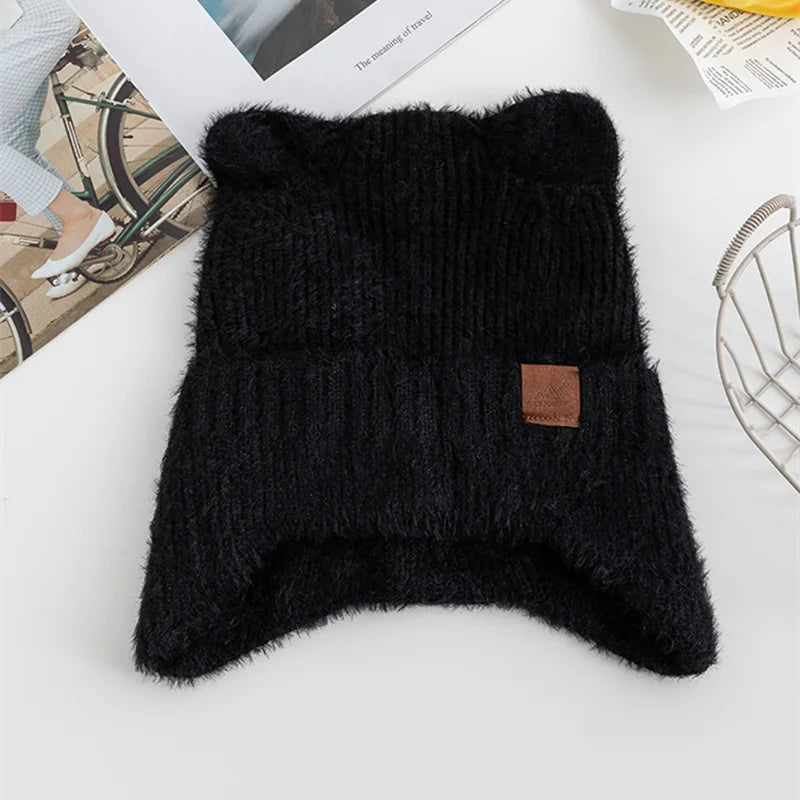 New Women Candy Colors Earflap Beanie Fashion Faux Fur Knitted Hat Lovely With Cat Ear Soft Beanie Hats Female Streetwear Hat