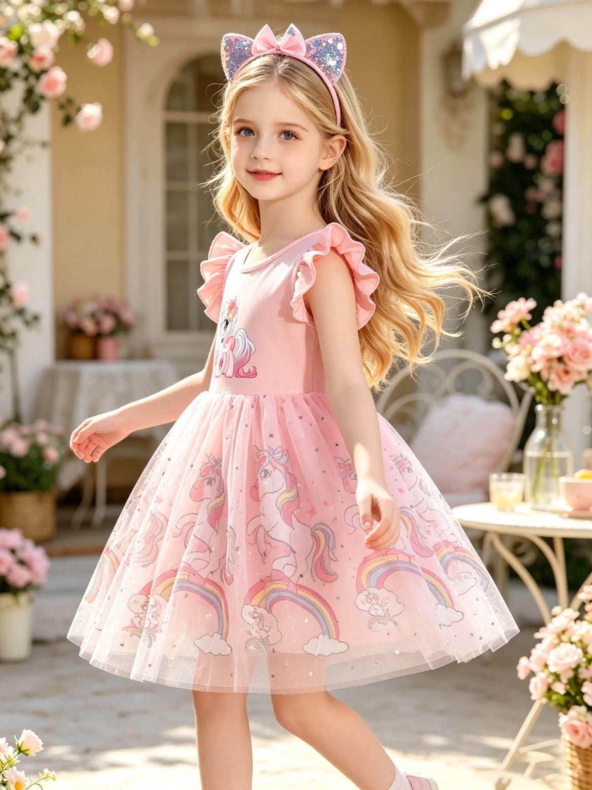 Sweet Peach Pink Unicorn Girls' Summer Outfit, Ruffle Flutter Sleeves, Double-Layer Printed A-Line Princess Tulle Dress