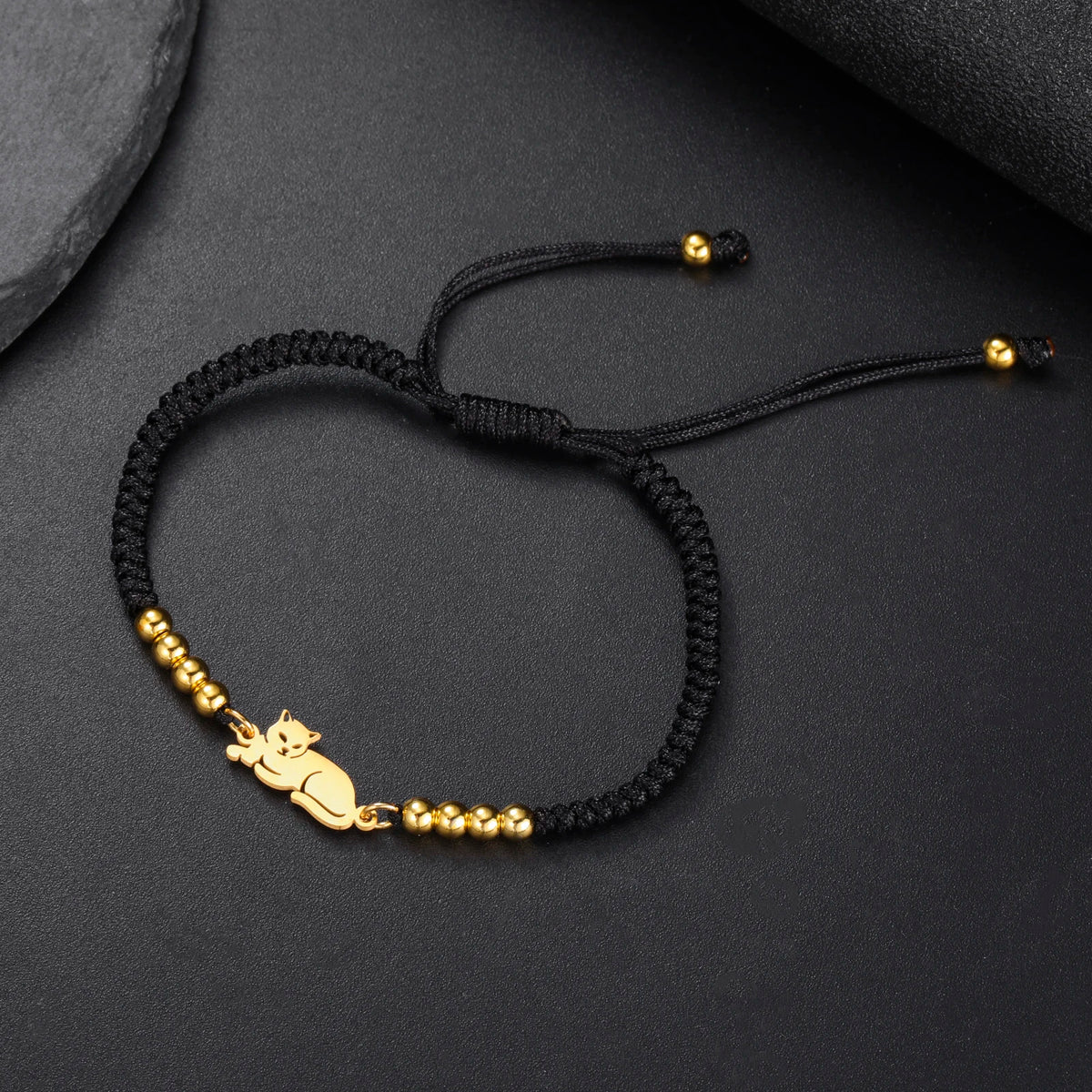 Sitting Cat Stainless Steel Charm Women Gold Color Beaded Purple Rope Chain Bracelet Cute Casual Jewelry