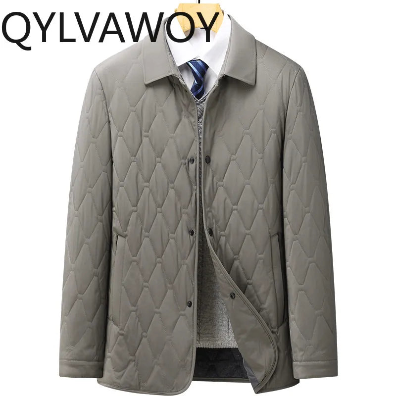 QYLVAWOY 100% Polyester Men's Winter Outerwear Collared Jacket Business Middle-Aged Casual Lightweight Warm Cotton Coat LJ2147