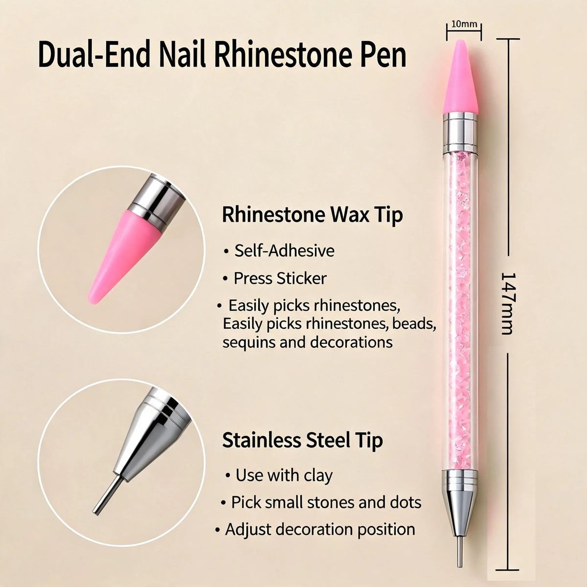 Nail Art Tools Dual‑Ended Acrylic Handle Wax Pen Rhinestone Crystal Studs Picker Dotting Manicure DIY Accessories