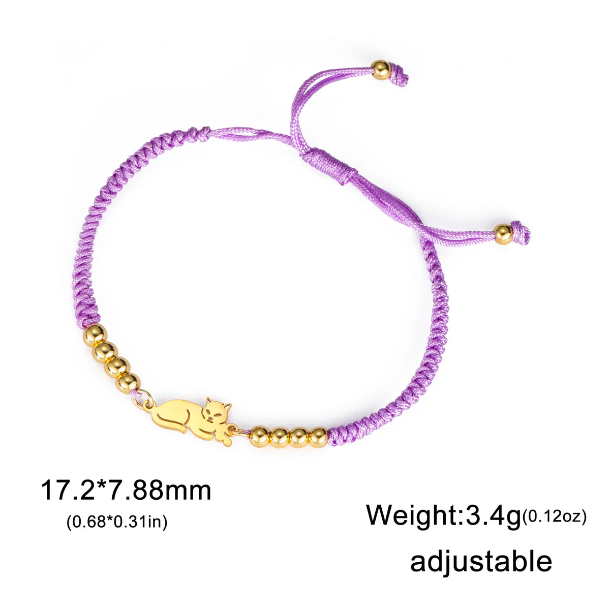Sitting Cat Stainless Steel Charm Women Gold Color Beaded Purple Rope Chain Bracelet Cute Casual Jewelry