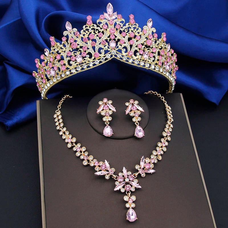 Purple Crystal Bridal Jewelry Sets Women Tiaras Bride Necklace Earrings for Wedding Crown Jewelry Set Prom