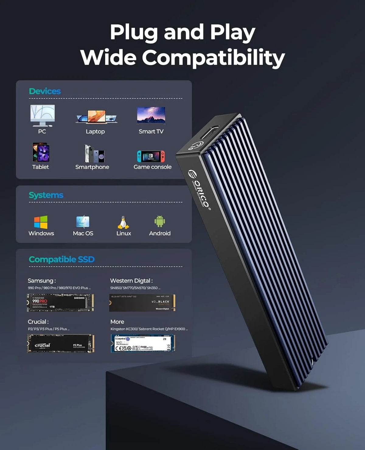 ORICO M.2 NVMe SSD Enclosure, USB 3.1 Gen 2 (10 Gbps) PCIe External Adapter NVMe Case for 2230/2242/2260/2280 M.2 SSD up to 8TB