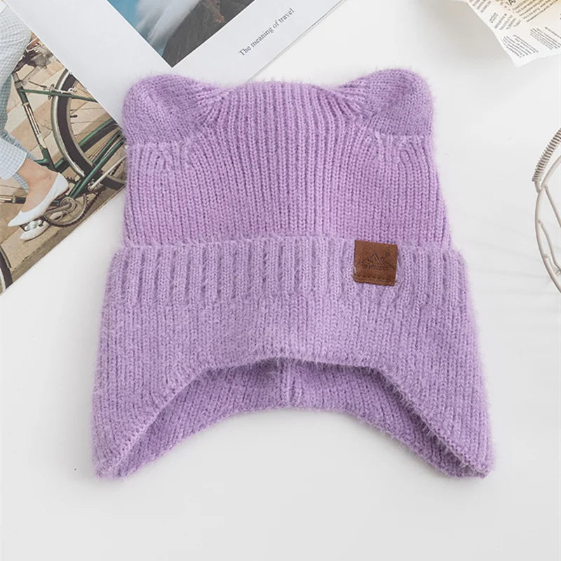 New Women Candy Colors Earflap Beanie Fashion Faux Fur Knitted Hat Lovely With Cat Ear Soft Beanie Hats Female Streetwear Hat