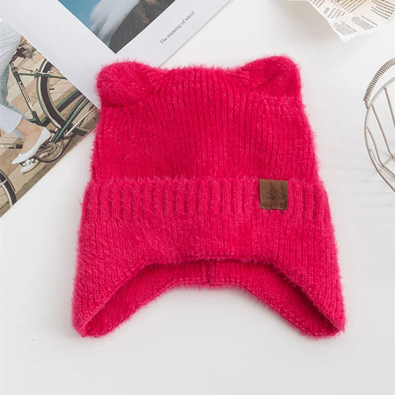 New Women Candy Colors Earflap Beanie Fashion Faux Fur Knitted Hat Lovely With Cat Ear Soft Beanie Hats Female Streetwear Hat