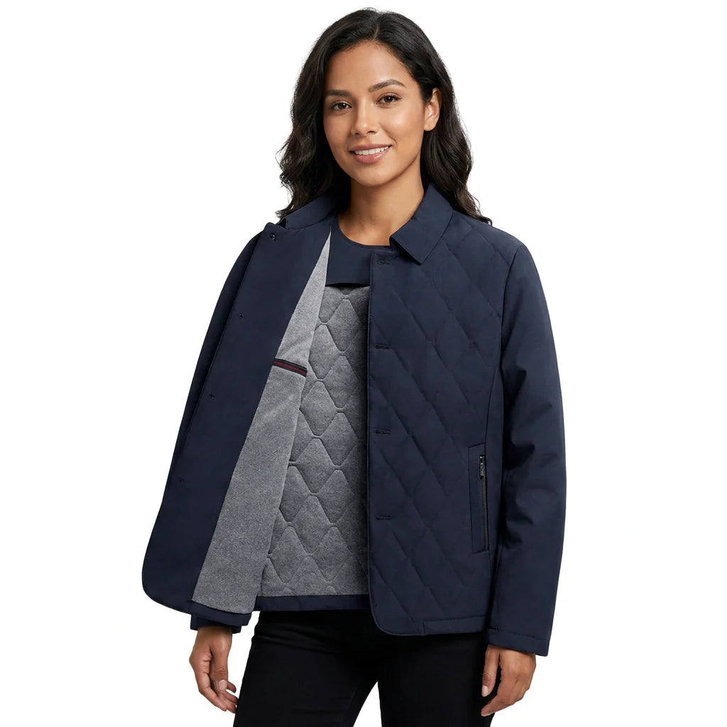 Men's Navy Quilted Hooded Jacket Front Logo Windproof Waterproof Casual Outerwear Polyester Wadding Regular Fit Winter Wear