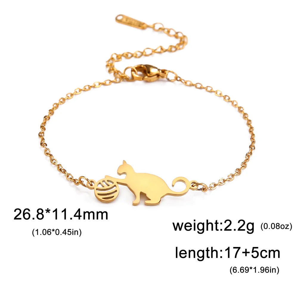 Cat Charms Bracelets for Women Stainless Steel Cute Animal Kitten with Yarn Balls Pendant Adjustable Link Chain Bangle Jewelry