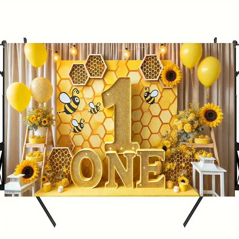 1pc Bee and Sunflower Birthday Party Backdrop - Gold "1" with bees and flowers for home, garden and anniversary celebrations